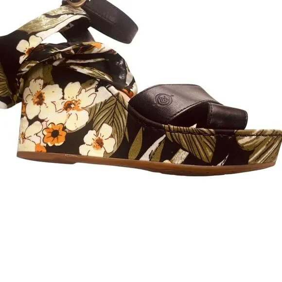 BORN Salton Wedge Sandal Black Leather Fabric Covered Heel - Picture 8 of 13